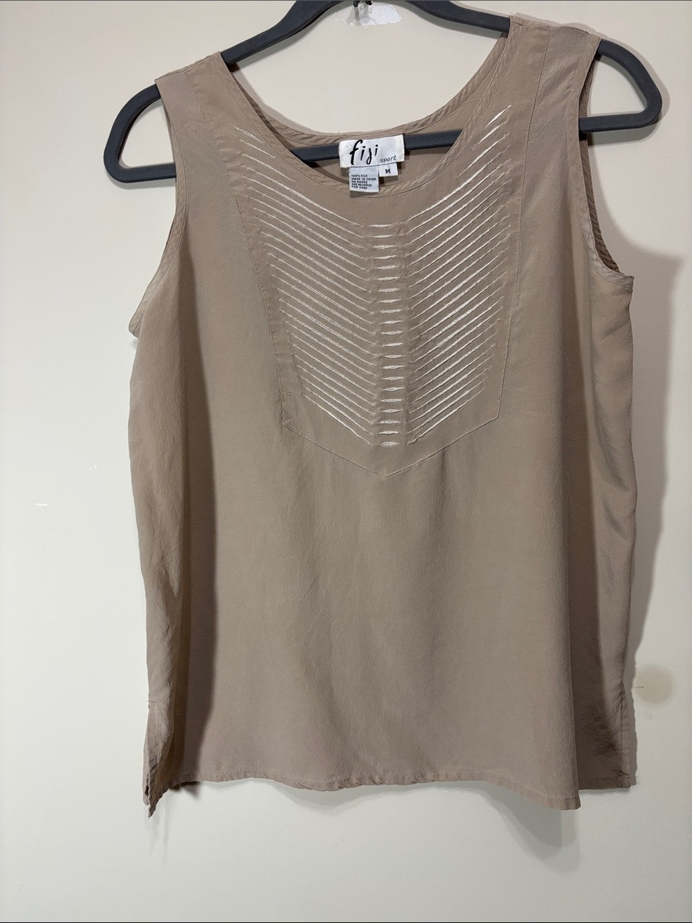 Women's Sleeveless Embroidered Tank Top in Taupe 100% silk Fiji sport